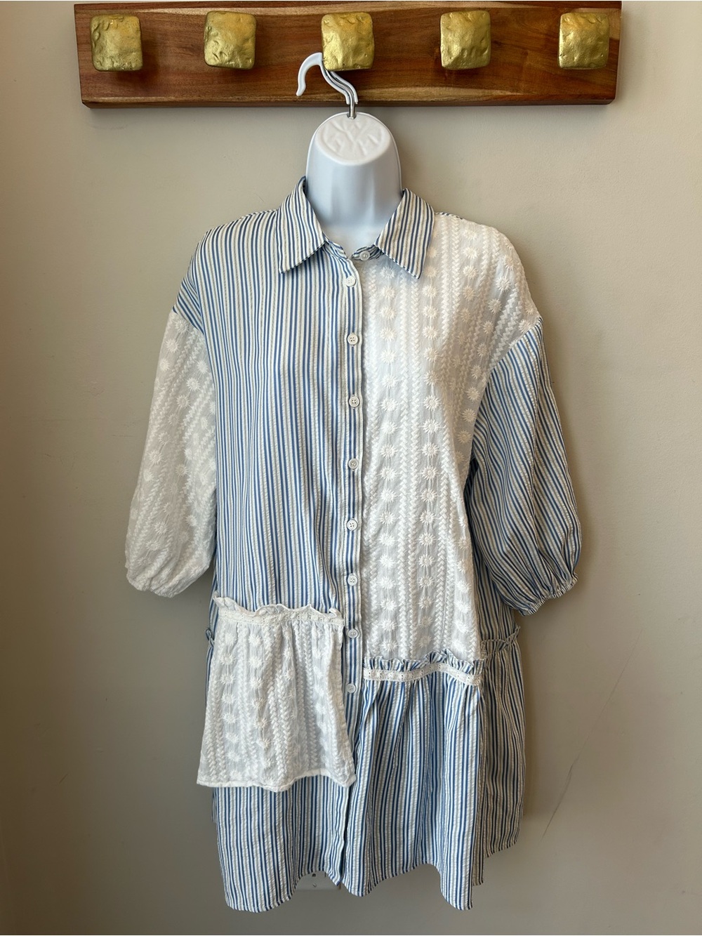 Apricot - Cottagecore Coastal Stripe Patchwork Tunic Dress Daisy Embroidered M